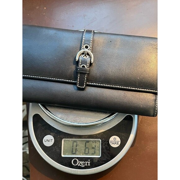 Vintage Y2K Coach Black Leather Tri-Fold Wallet Silver Buckle Leather Monogram - Picture 11 of 11